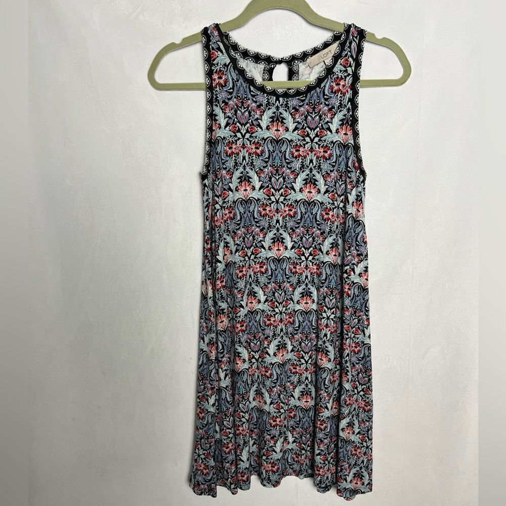 LOFT Sheath Dress Womens XS Blue Red Floral Stretch Sleeveless Back Keyhole